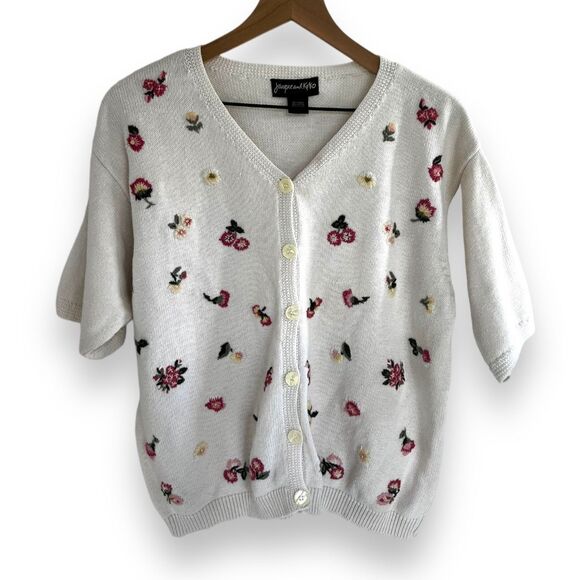 Jacque and Koko Sweaters - Vintage-Embroidered-Cottagecore-Twee-Flower-Sweater-Cardigan-Women's-Size 14/16